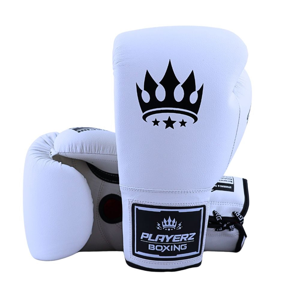 Playerz SparTech Lace Boxing Gloves - White/Black-Playerz Boxing