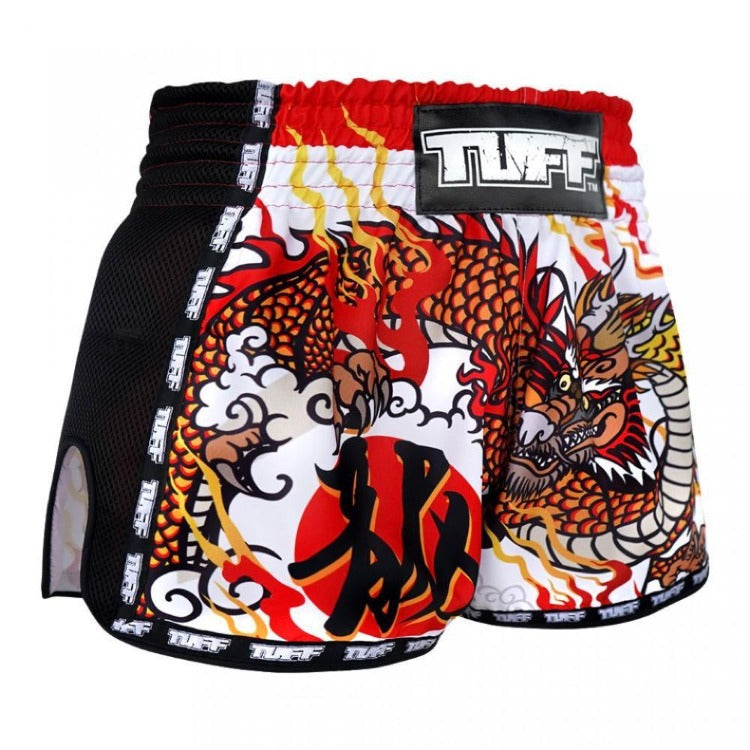 TUFF Retro Muay Thai Shorts - White Chinese Dragon