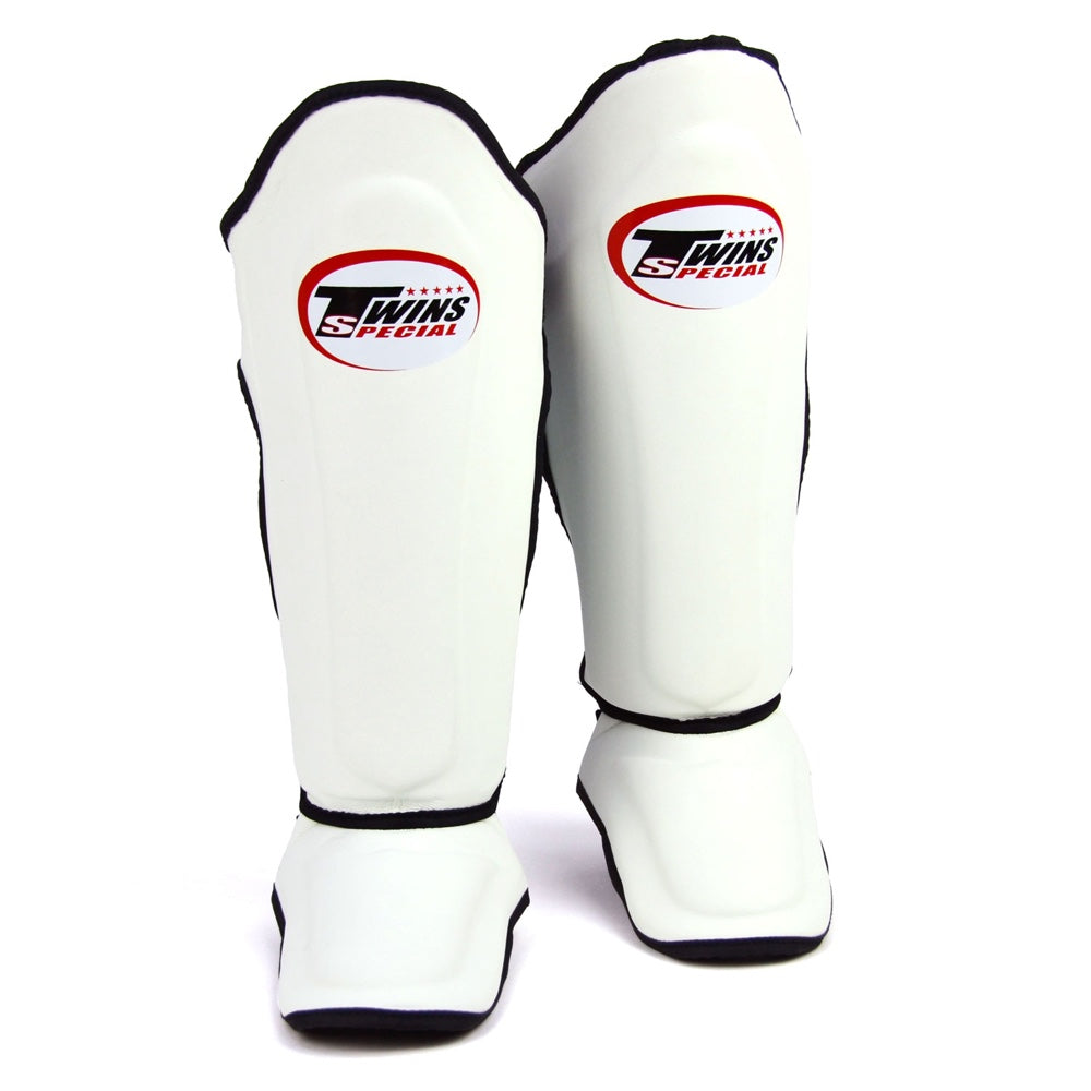 Twins Double Padded Shin Guards - White (Black Piping)-Twins